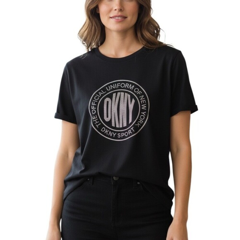 DKNY Sport T-Shirt Womens Size S Black Rhinestone Logo Crewneck Short